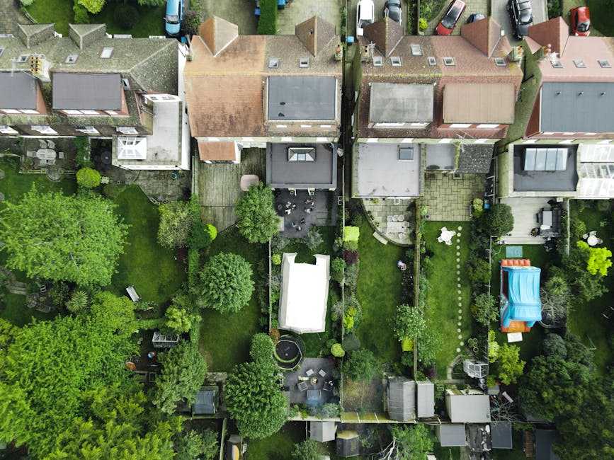 An aerial view of a narrow residential back garden with a variety of landscaping features. The garden includes a well-maintained lawn area, bordered by a mixture of trees, bushes, and flowering plants